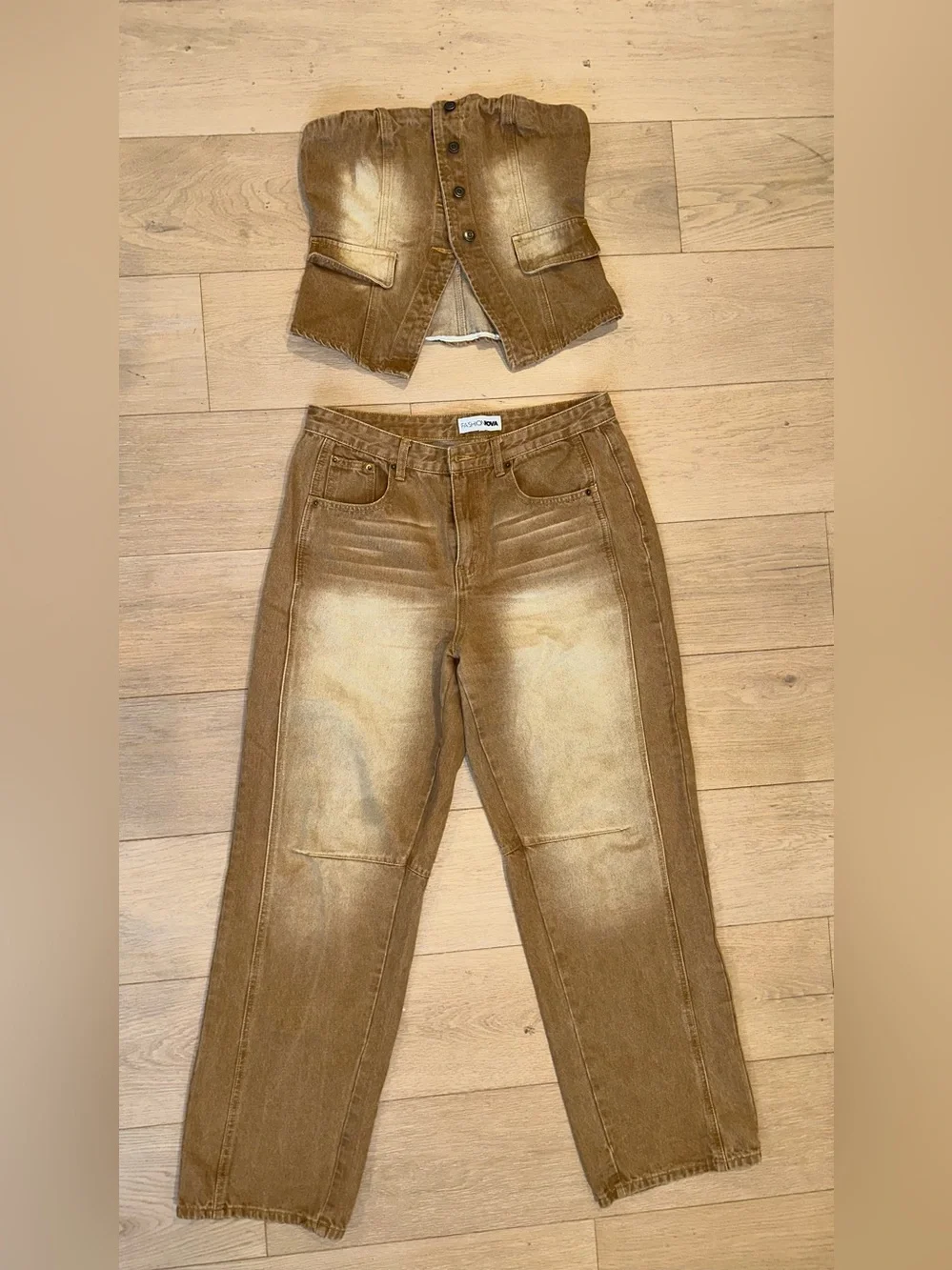 Fashion Nova Brown High-Rise Washed Denim Set